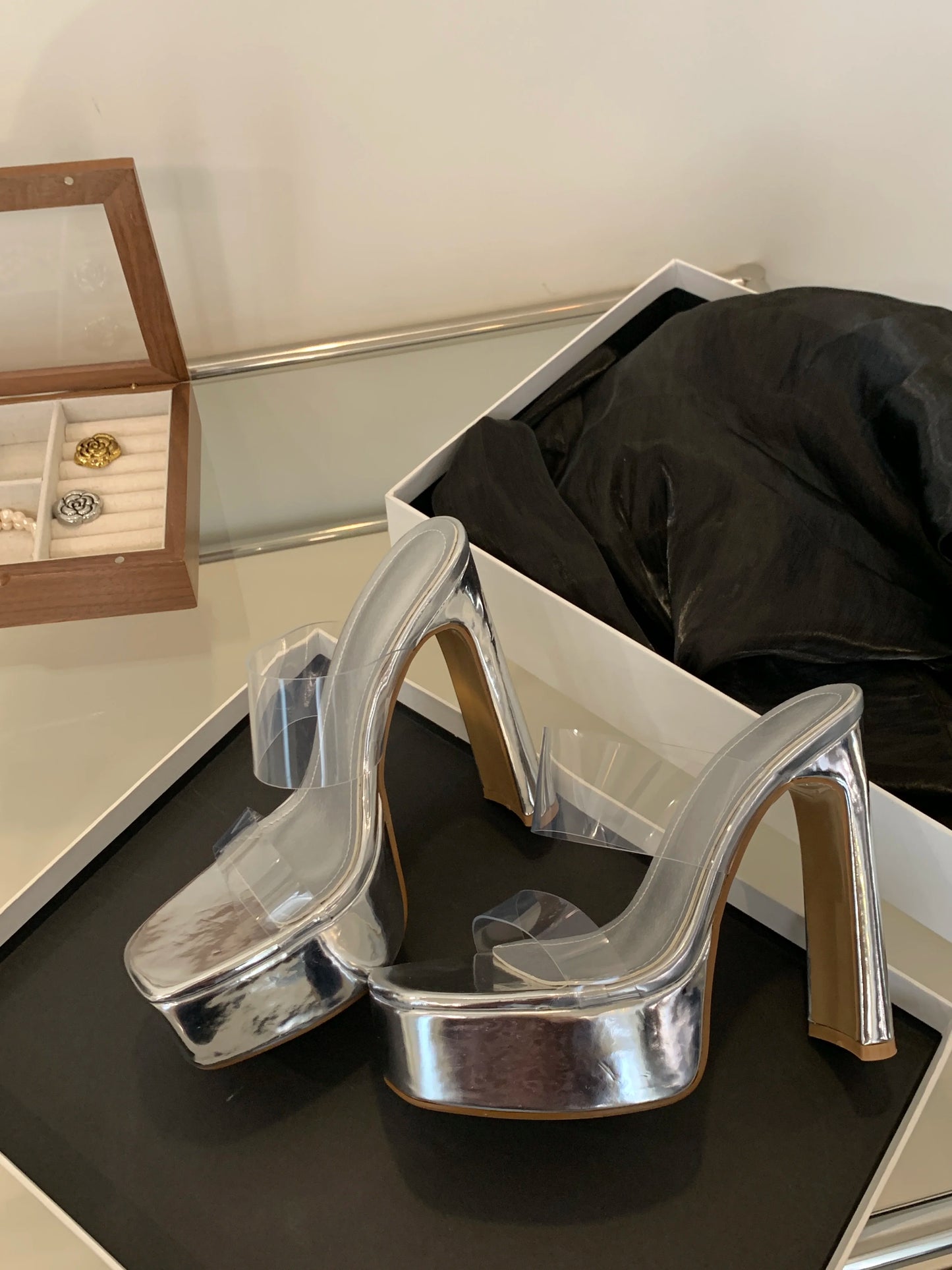 Designer PVC Transparent Platform Slippers Women Square Toe High Heels Slides Shoes