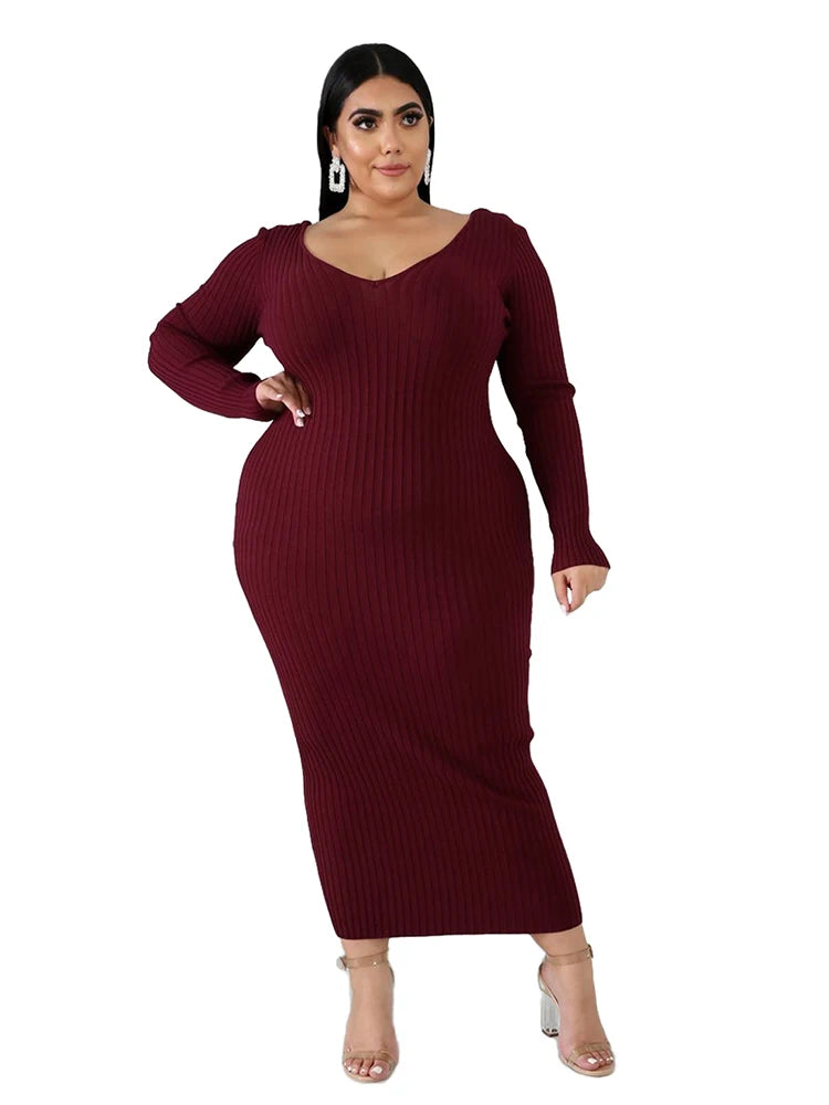 Ladies Knitted Sweater Dress Midi Dress Long Sleeves Chic and Elegant Plus Size Dresses