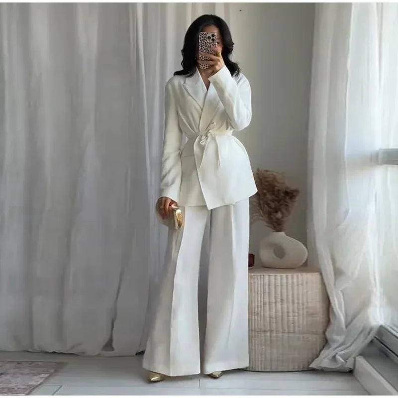 Elegant Blazer Pants Sets Women V-neck Lace up Jacket Full Sleeve Wide Leg Trousers Suit