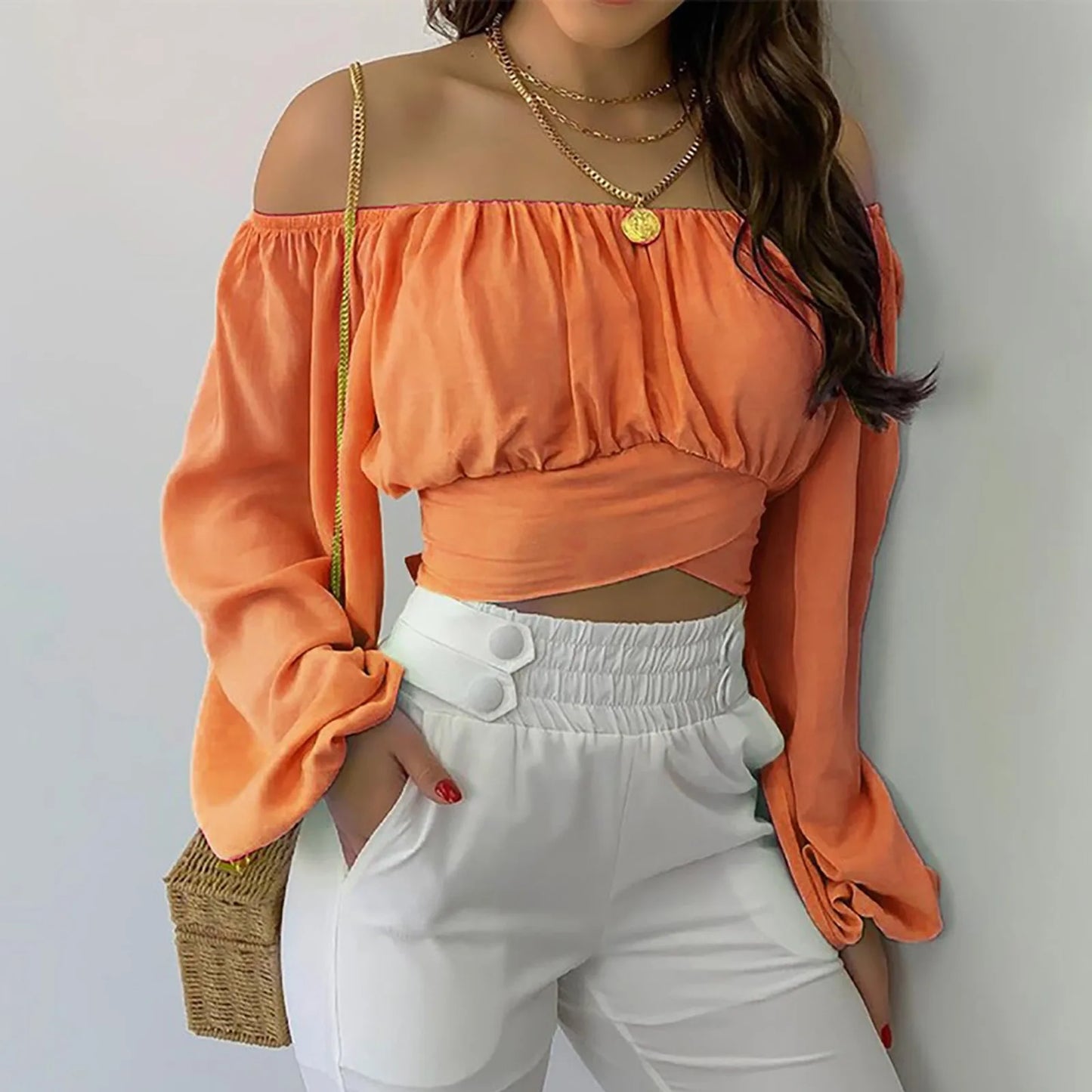 Women Sexy Off Shoulder Print Blouses Chic and Elegant Lantern Long Sleeve Cropped Top