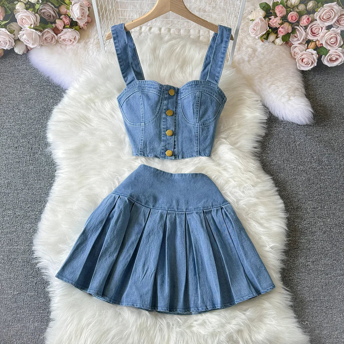Denim Skirt Stets Two Pieces Sleeveless Tanks Top and Pleated Mini Skirt