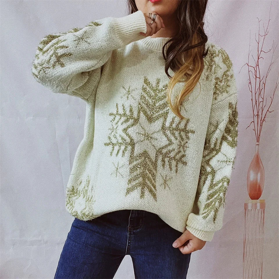 Loose-fit Line Big Snowflake Christmas Sweater Women's Pullover Thickened Crew Neck Sweater