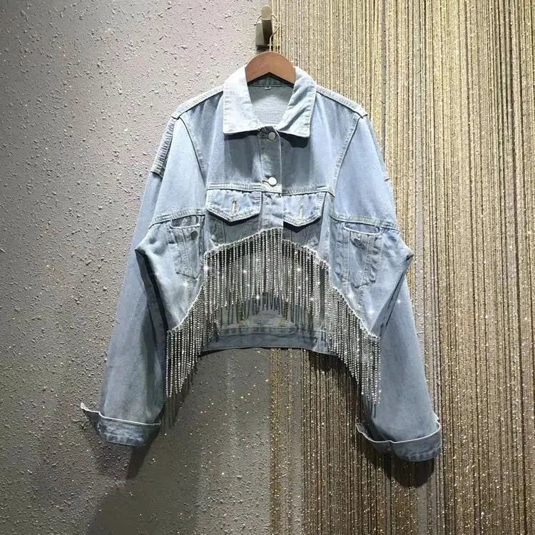 Heavy Industry Rhinestone Tassel Denim Jacket Women Outwear Jacket