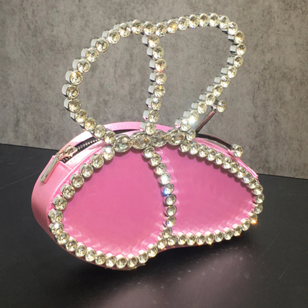 White Rhinestone Pink Butterfly Wedding Evening Clutches Party Prom Purse