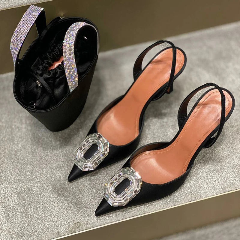 Oval Rhinestone Buckle Toe Sandals Pointed Thin Heel Hollow Banquet High Heels