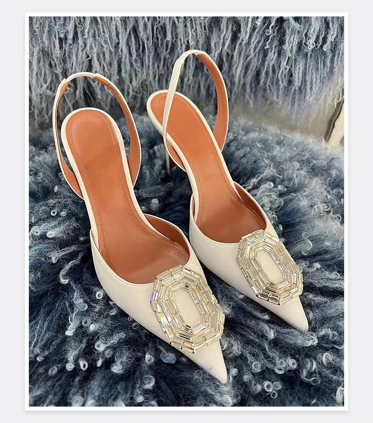 Oval Rhinestone Buckle Toe Sandals Pointed Thin Heel Hollow Banquet High Heels