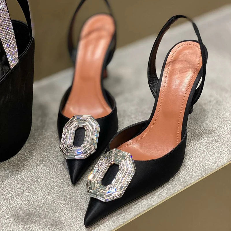 Oval Rhinestone Buckle Toe Sandals Pointed Thin Heel Hollow Banquet High Heels
