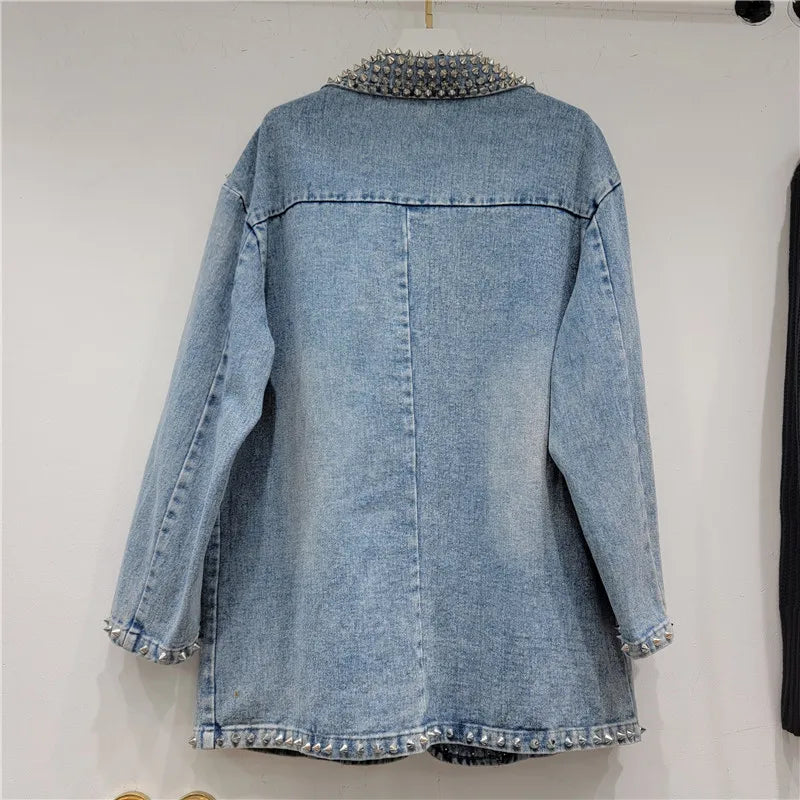 Women Pearls Beaded Denim Jacket Turn Down Collar Jeans Blazers
