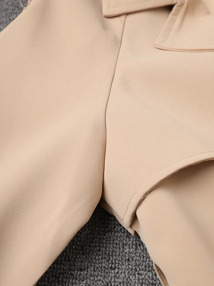 Women Khaki Pleated Elegant Trench New Lapel Long Sleeve Windbreaker Trench Coat