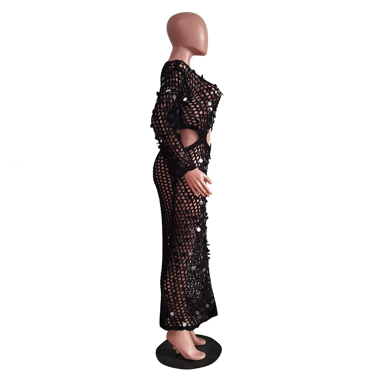 Fishnet Knitting Hollow Sequins Maxi Dress Sexy See Through Vacation Beach Dress Resort Wears