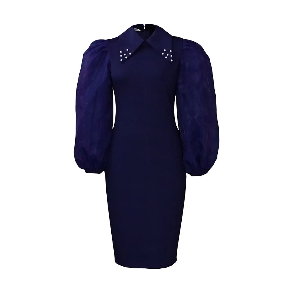 Elegant Office Dress fro Women Professional Full Sleeve Turn Down Collar Beaded Sheath Package Hips Mid Calf Formal Work Dress