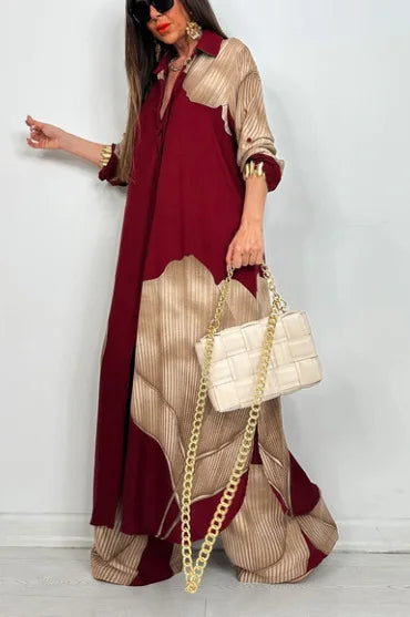 Elegant Lady Two Piece Set Printed Long Shirt Top + Wide Leg Pants 2-piece Outfit Oversized Sets