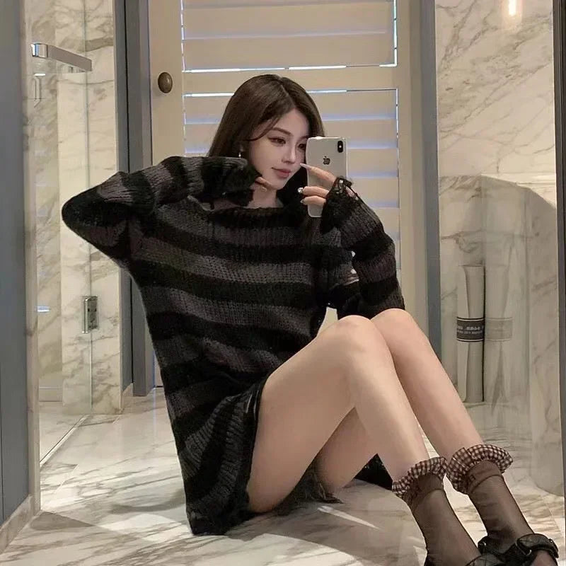 Punk Gothic Long Sweater Women Striped Broken Jumper