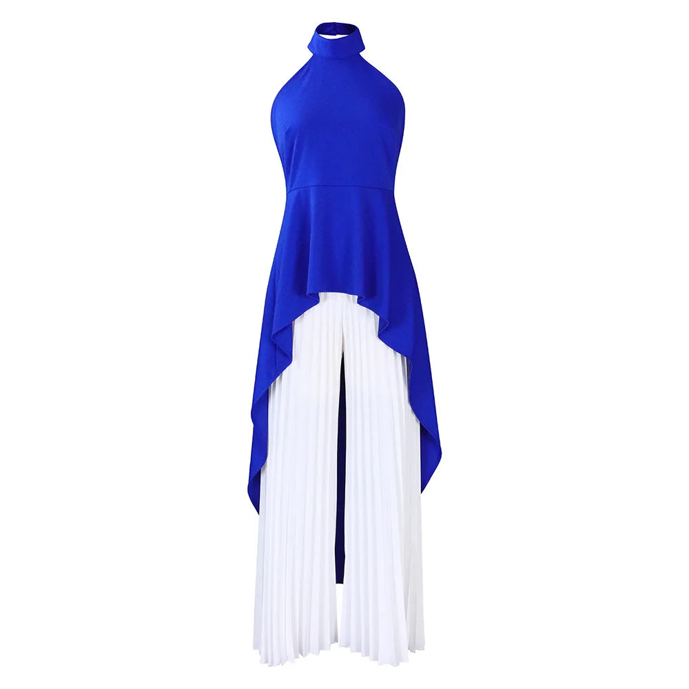 Elegant Two Piece Set Women Outfit Backless Top Hundred Pleated Wide Leg Pants Trousers Suit Summer Office Lady Suit
