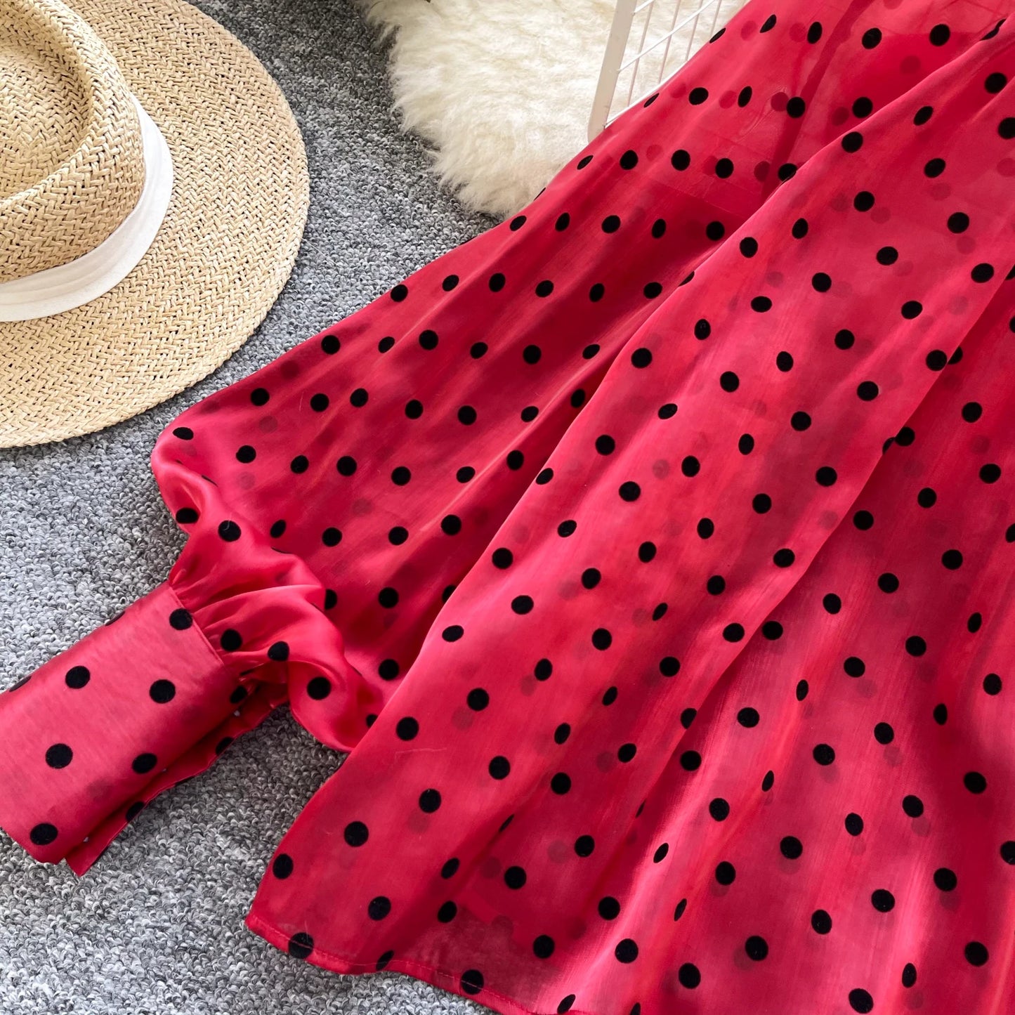 Vintage Polka Dot Tops Puff Sleeve Bow Lace Up Design Blouse