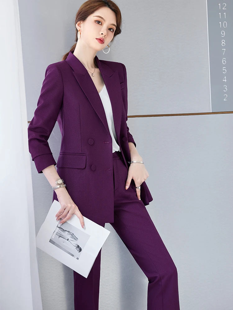 Blue Purple Black Women Blazer and Pant Suit Office Ladies Business Work Wear