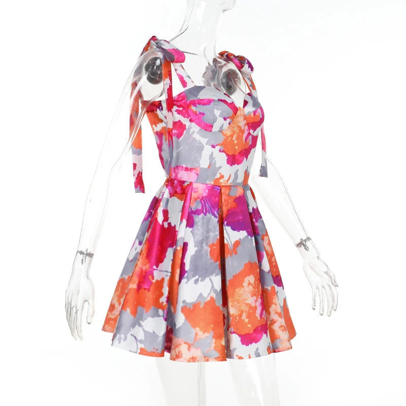 Printed Seaside Holiday Short Dress Women High Waisted Pleated Mini Dress