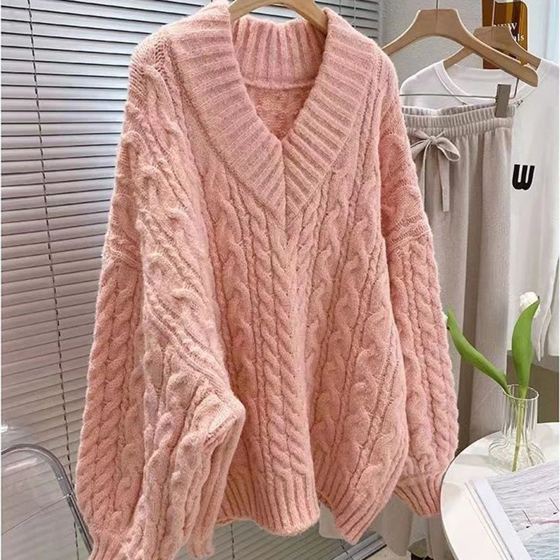 Harajuku Women Sweater Cute Oversized Knitted Pullover V Neck Sweater