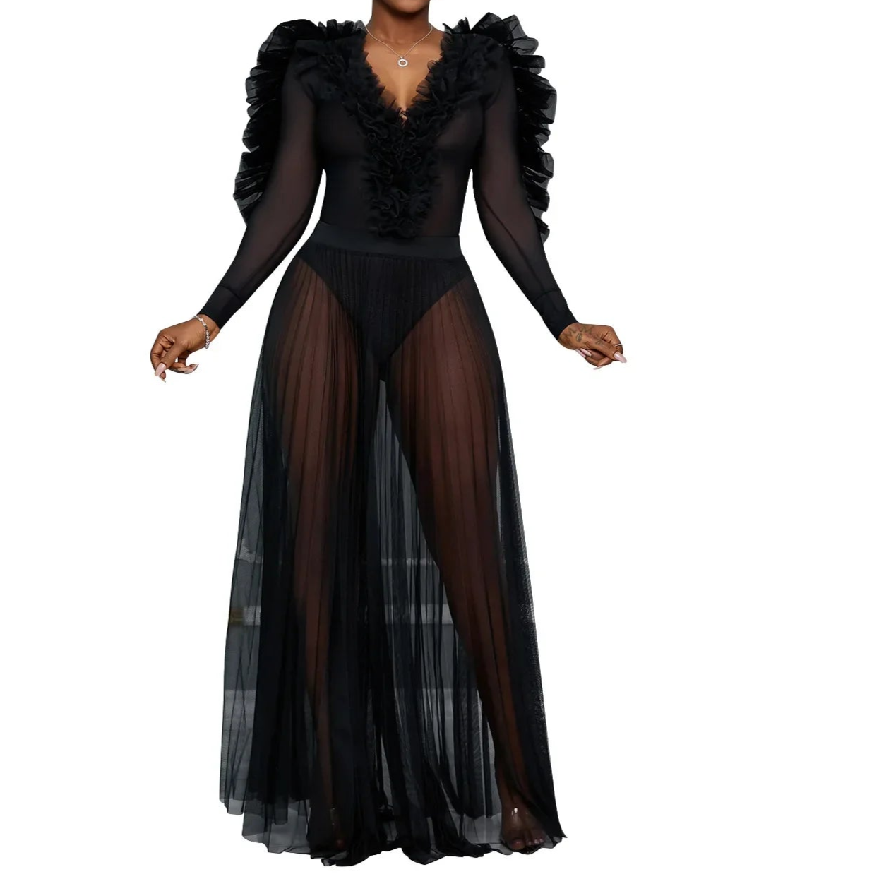Women Selvedge Ruffles Full Sleeve V-neck Long Maxi Dress Birthday Mesh See Through Party Evening Dress