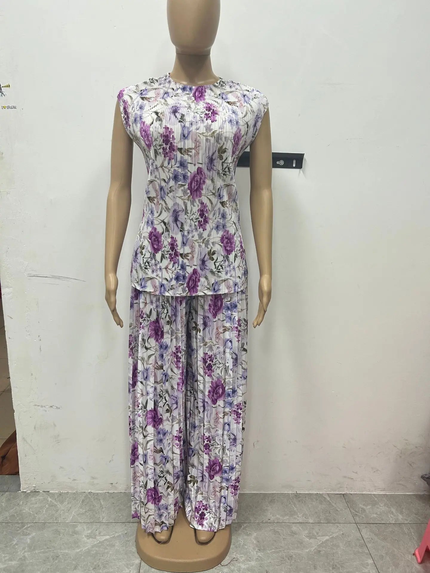 Women Set Floral Print Short Sleeve Pleated T-Shirt + Wide Leg Pants Two 2Piece Sets