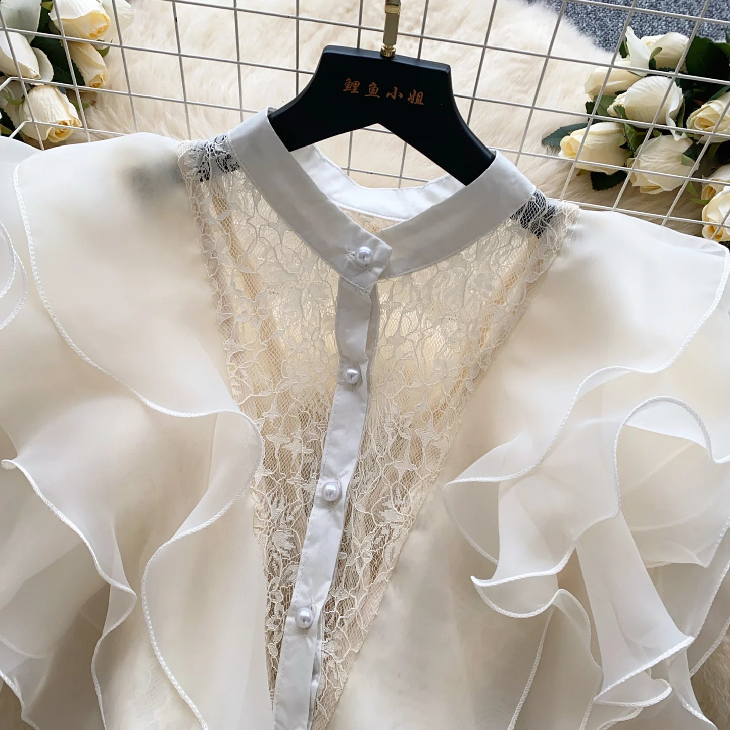 Ruffle Blouses Women French Style Single Breasted Lace Patchwork Shirt Summer Top