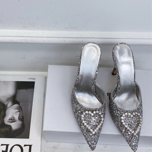 Shallow Mouth High-heeled Women's Shoes Love Rhinestone Shining Thin Heel Pump Slippers