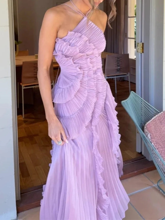 Sexy Halter Neck Pleated Ruffled Long Dress Women Bridesmaids Maxi Dress