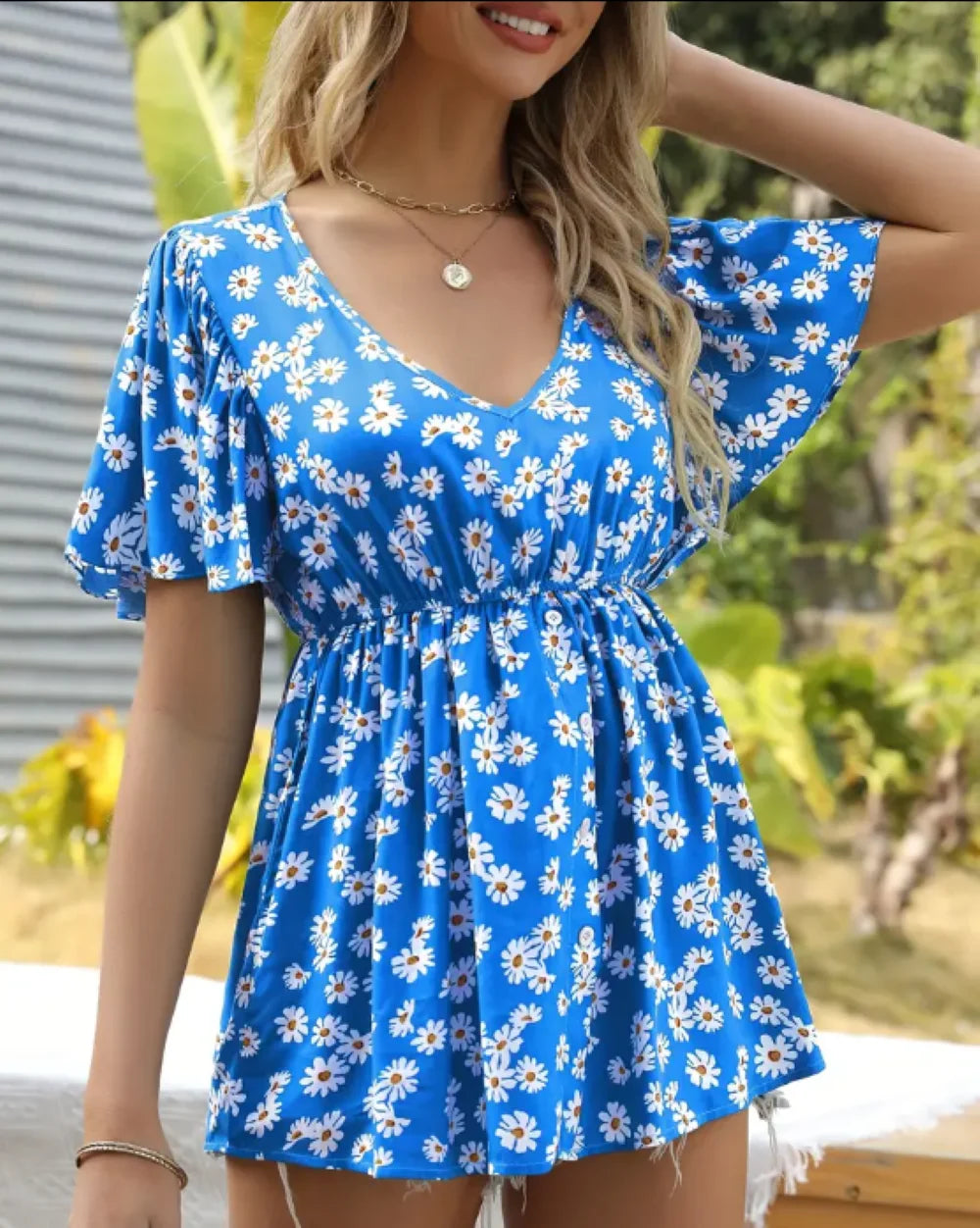 Plus size summer women's new floral V-neck waist-cinching top