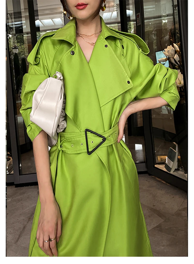 Luxury Long Oversized Bright Green Faux Leather Trench Coat for Women
