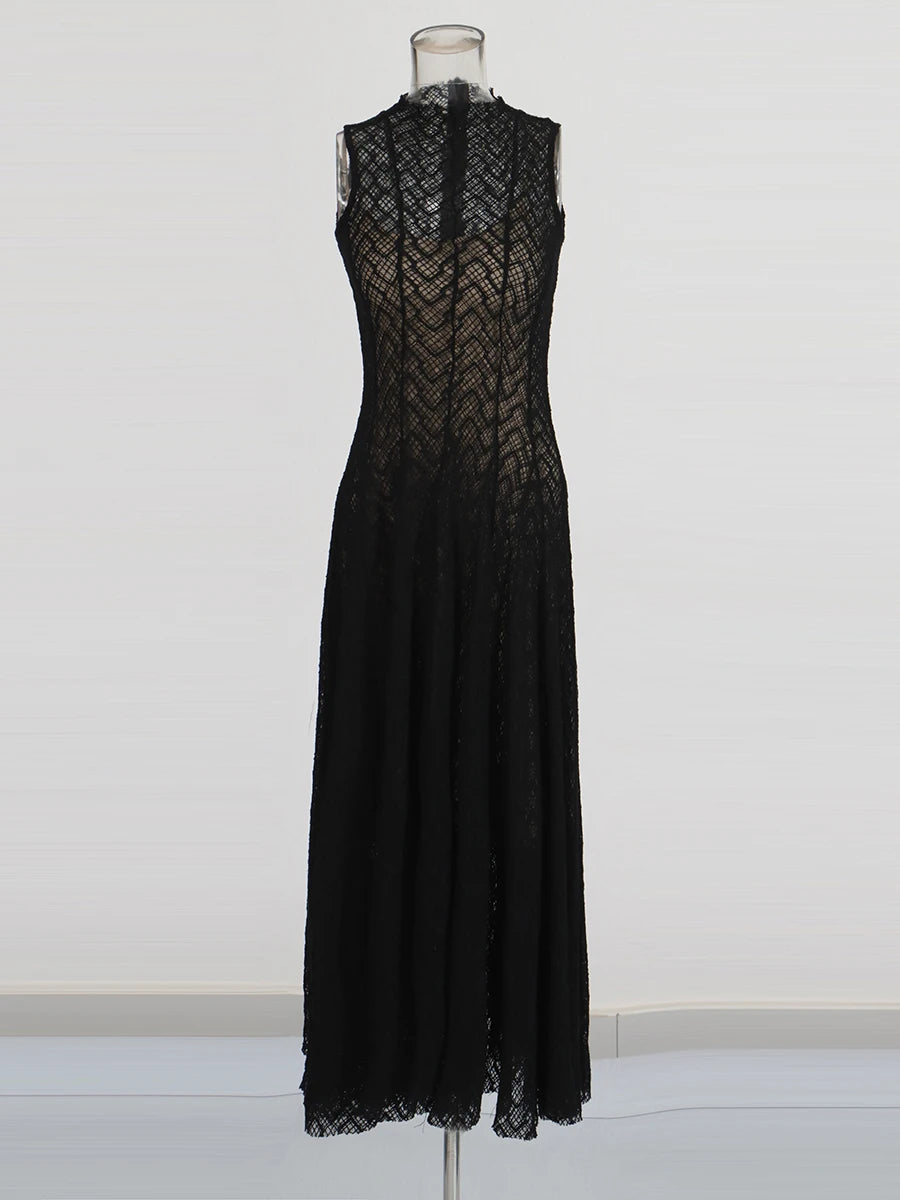 Solid Spliced Appliques Loose Maxi Dress For Women O Neck Sleeveless High Waist Dress