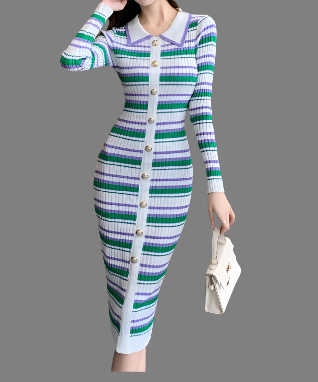Stripes Knitted Dress Women Slim Elastic Bodycon Party Sweater Dresses