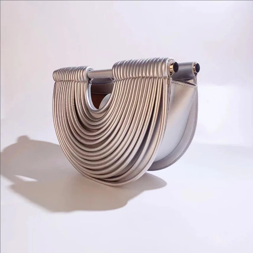 Gold Luxury Designer Brand Handwoven Noodle Bags Half Round Silver Evening Clutch