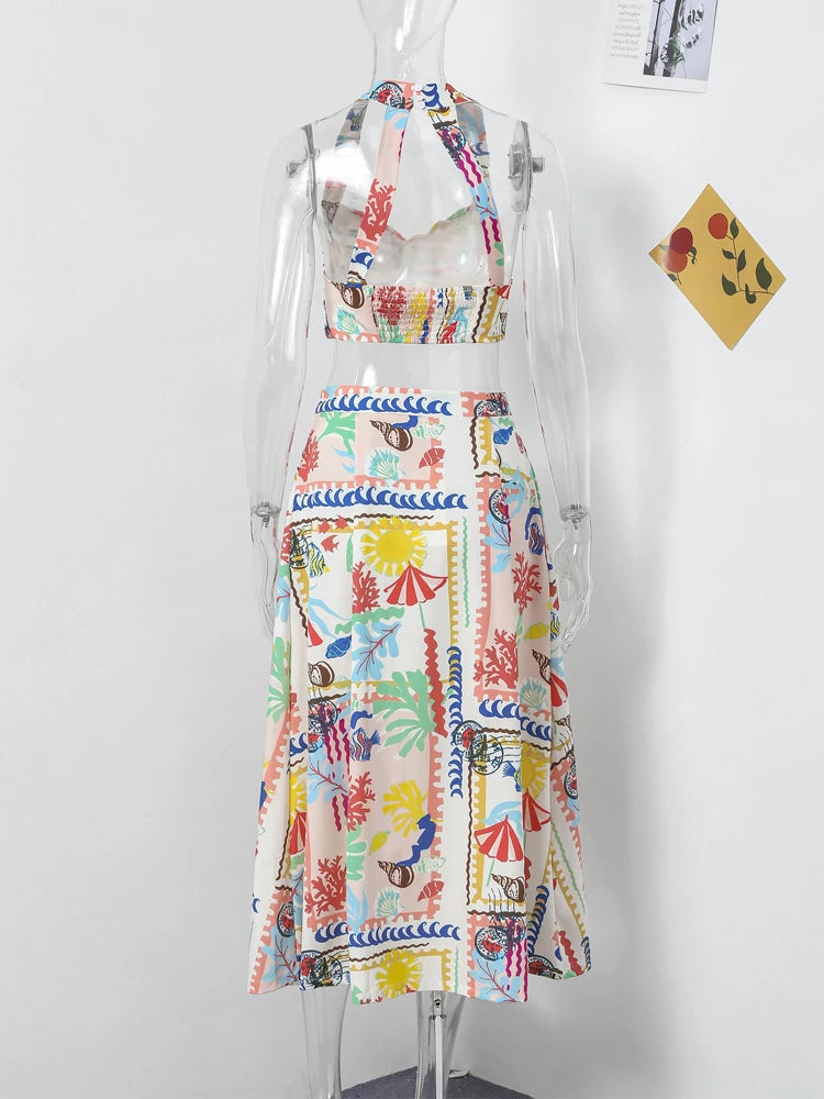 Colorful Printed Suspenders Skirt Set Women Patchwork Quilted High Waist Skirt Two Piece Summer