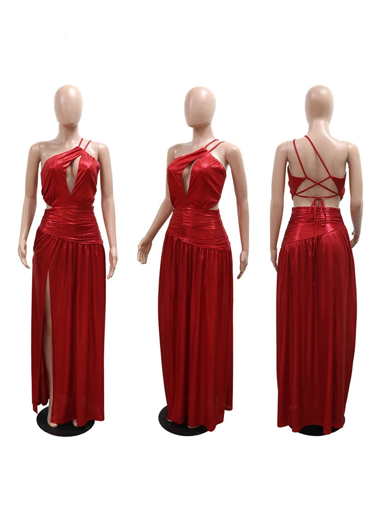 Cocktail Split Dress Women Sexy Metallic Golden Sleeveless Backless Evening Dress