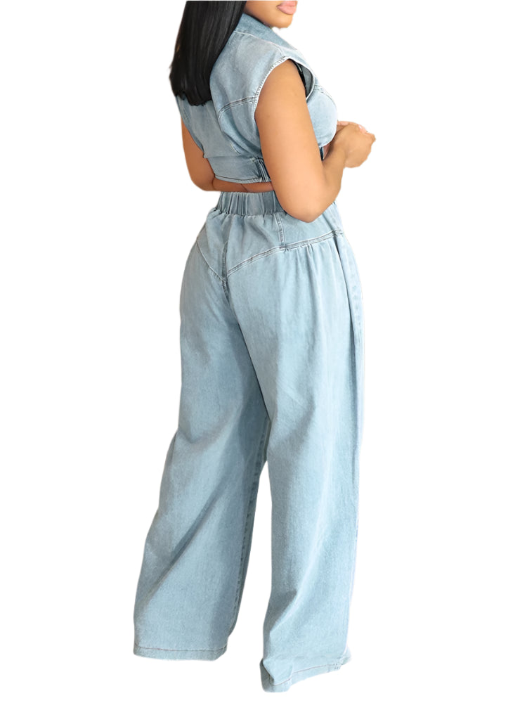Elegant Denim Women Sleeveless Zipper Crop Top and Wide Leg Pants Two Piece Set