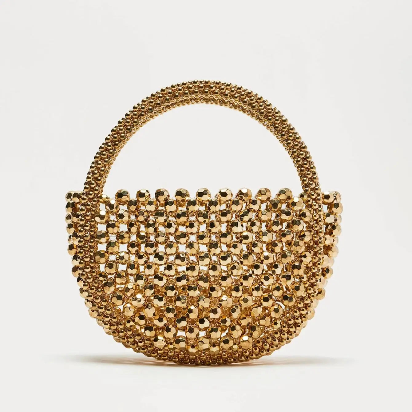 Hollow Hand-Made Metal Sense Gold Beads Woven Handbag Half-Round String Beads Pearl Bag