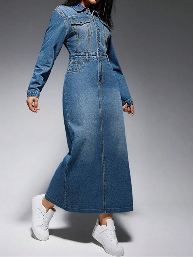 Denim Dress Women Sexy Button Bodycon Maxi Fashion Slip Hem Pockets Maxi Dressers