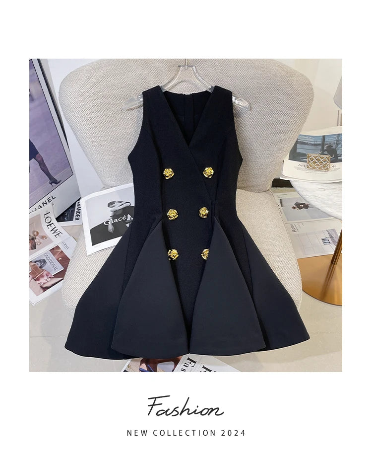 French Elegant Sleeveless A-Line Tunic Blouse Black Classic Gold Button