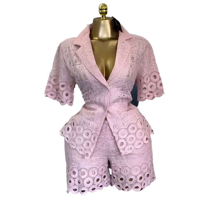 Lace Embroidery Women's Set half Sleeve Shirt and Shorts Two 2 Piece Sets Outfit