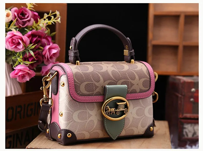 contrasting color women's bag, high-end carriage crossbody bag, portable box bag