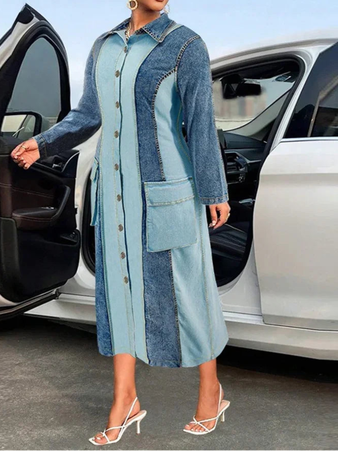 Plus Size Denim Dresses Women Long Sleeve Casual Button Pockets Striped Maxi Dress