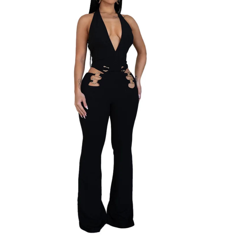 Women V-Neck Backless Straight Sleeveless Flare Jumpsuits One Piece Outfits