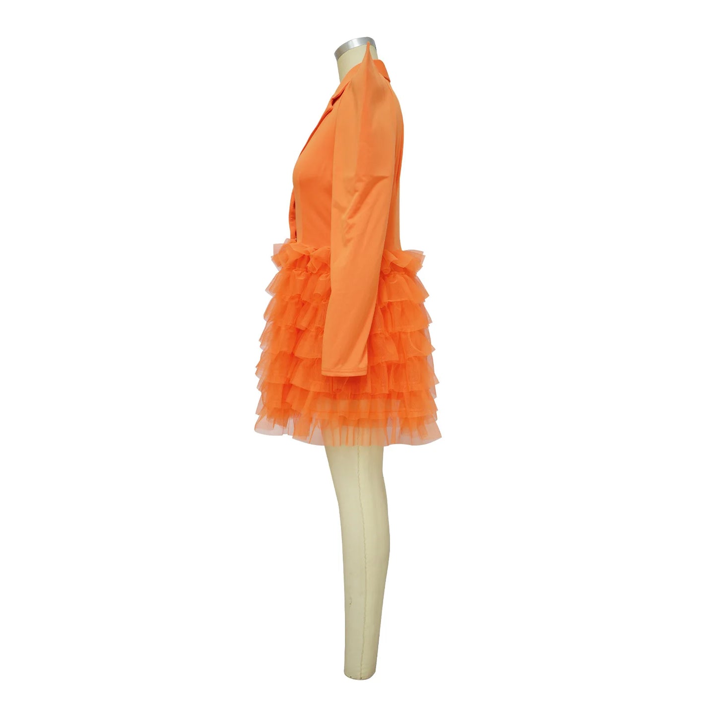 Mesh Paneling Solid Right Shoulders Long Sleeves Cake Dress For Women
