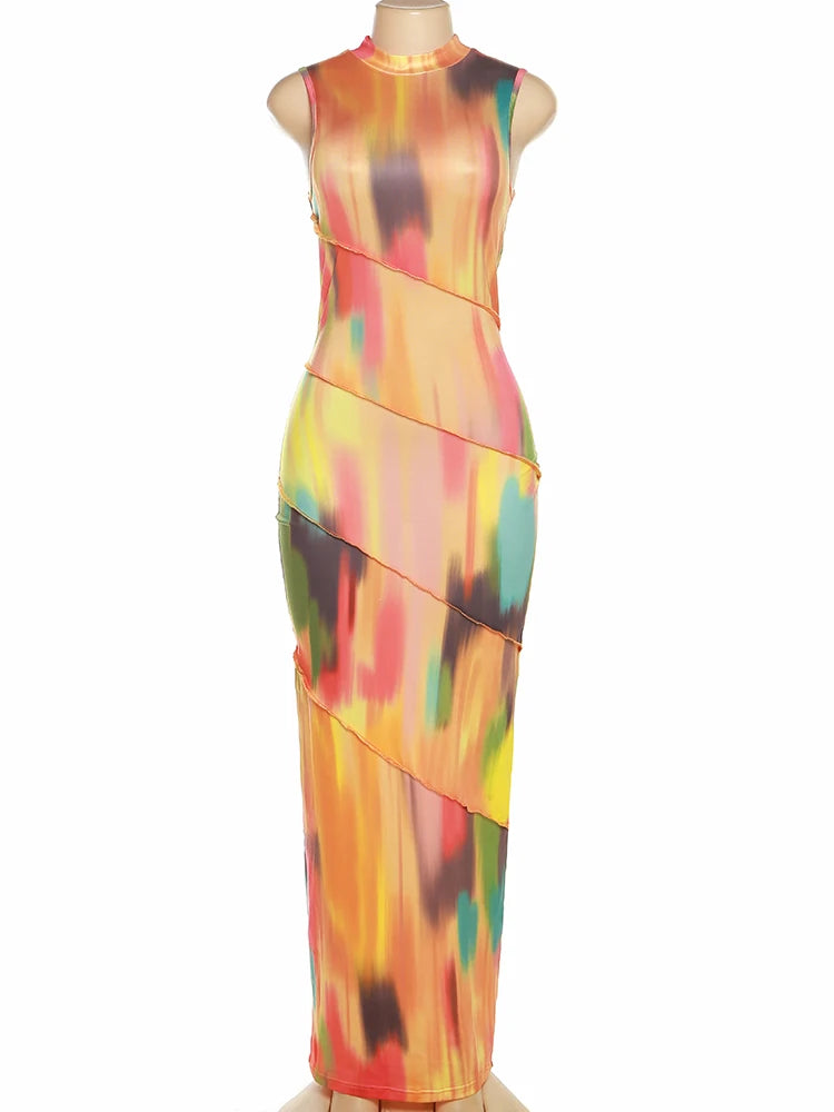 Colorful Print Dress Women Sleeveless Patchwork Skinny Bodycon Dress