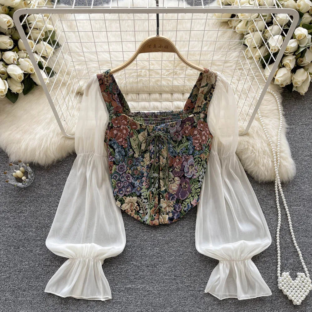 Women Retro Y2K Rose Flower Print Long Sleeve Gothic Shirts Fashion Irregular Bandage Party Blouses