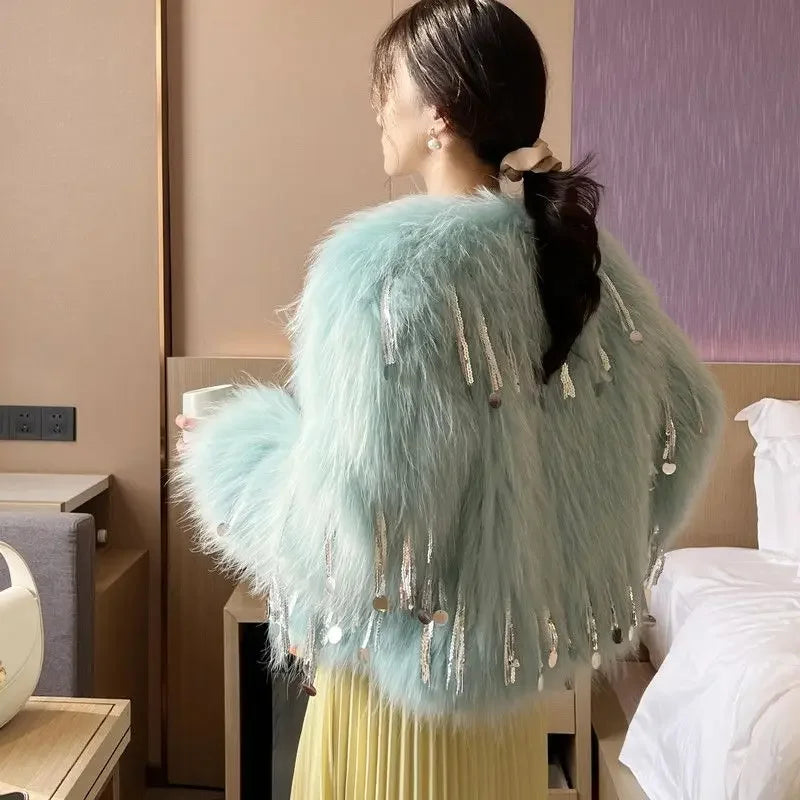 Faux Fur Grass Sequined Tassels Coat Women's Short Beaded Fringed Bomber Jacket
