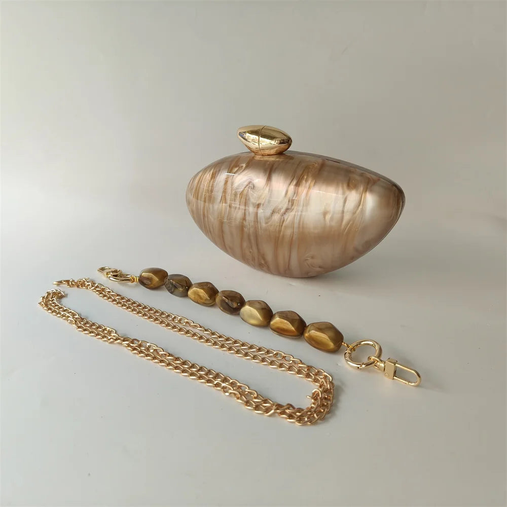 Shell Brand Pearl Brown Marble Acrylic Box Clutches Evening Bag Bridal Hand Bag
