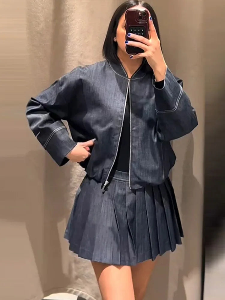 Denim Jacket Mini Skirt Women 2 Piece Set Stand Collar Zipper Long Sleeve Pocket Coat A-line Skirts