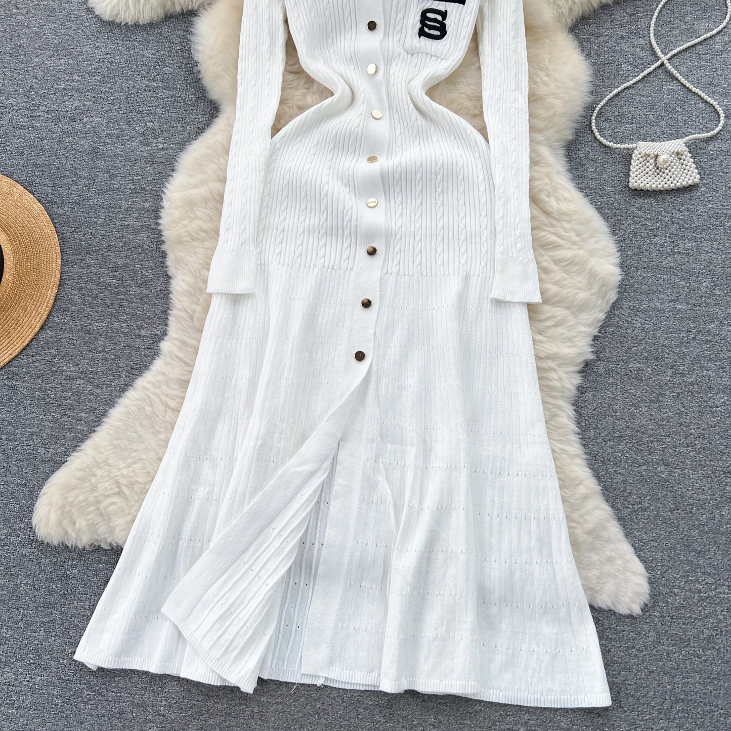 Women Polo Dress Single Breasted Pocket Design Bodycon Knitted Dress Sweater Midi Dress