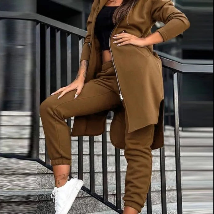 Women Pant Set Hooded Zipper Long Coats Two Piece Suits Casual Straight Pants